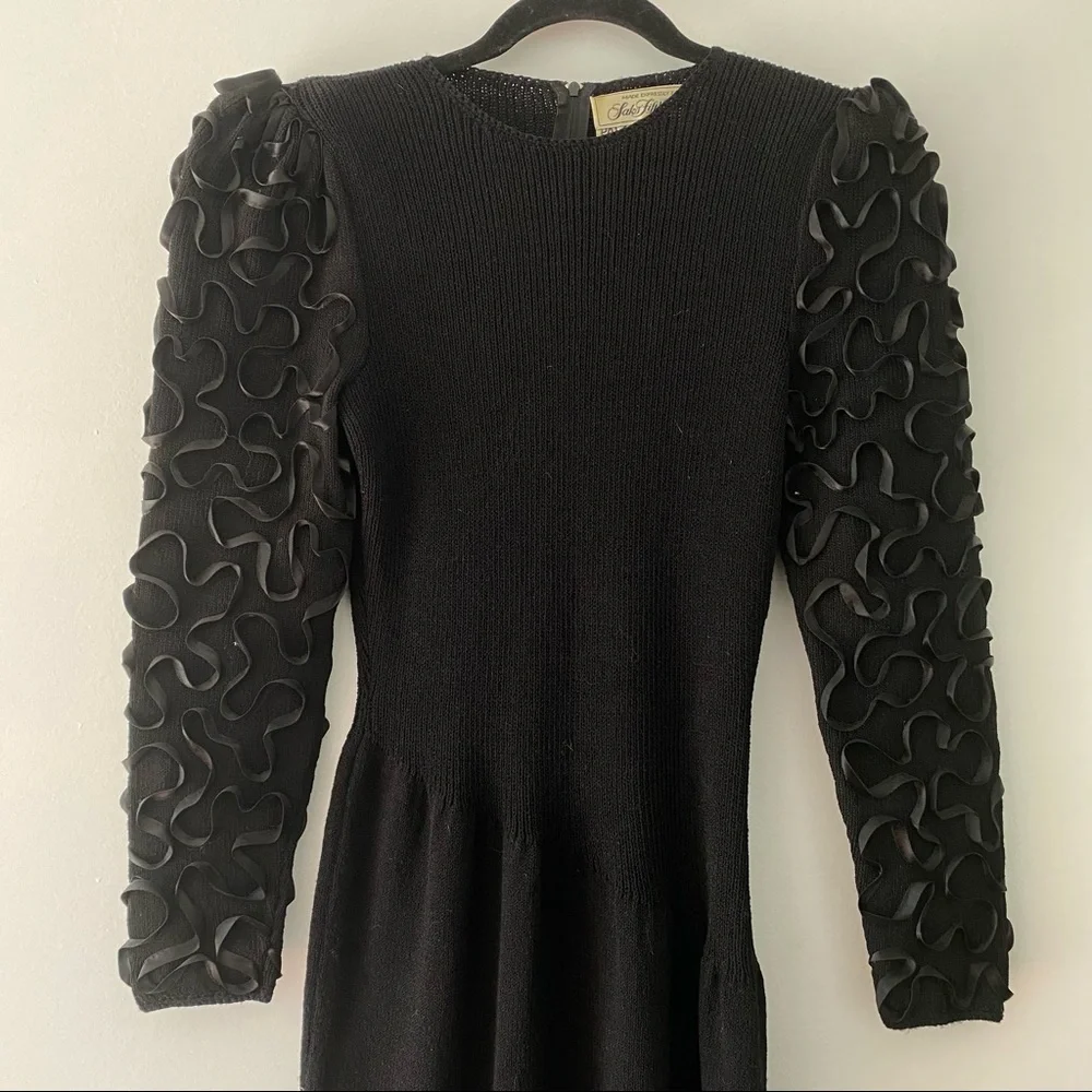 Saks Fifth Avenue Pat Sandler for Wellmore Black Vintage Knit Dress Puff Sleeves - Picture 4 of 6